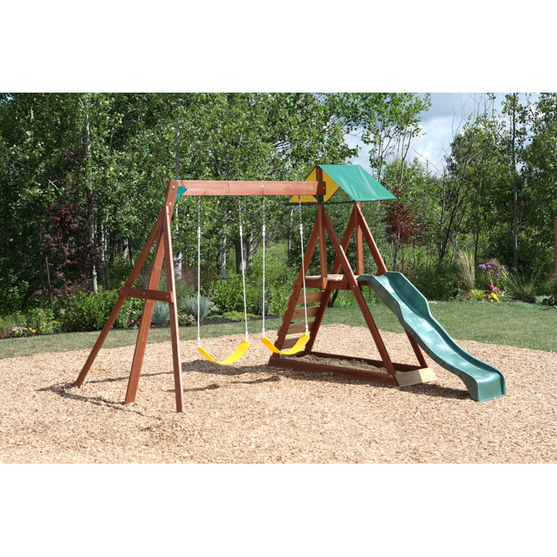 KidKraft Sunview II Wooden Outdoor Swing Set with Swings Slide and Rock Wall Reviews Wayfair